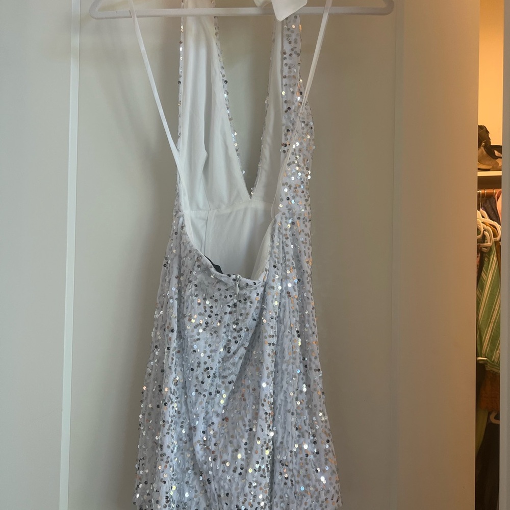 Backless White & Silver Sequin Halter Dress - image 4